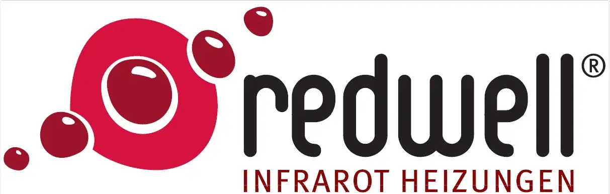 Redwell-Logo mit roten Kreisen und Text "INFRAROT HEIZUNGEN"